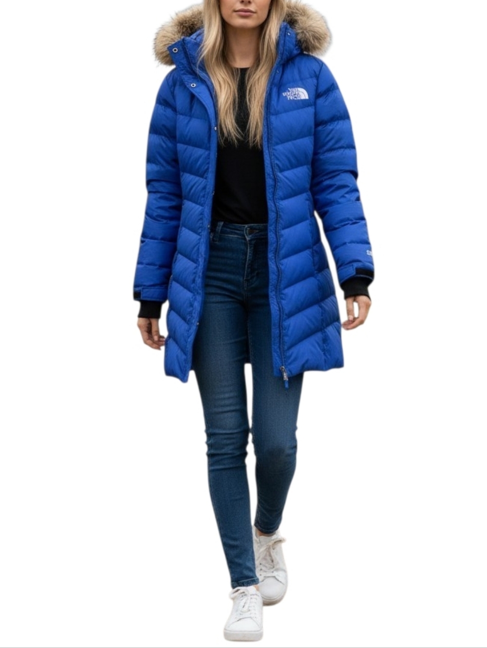 The North Face Women’s 900 Fill Cobalt Blue Down Puffer Parka Faux Fur Hood Coat - Picture 2 of 10
